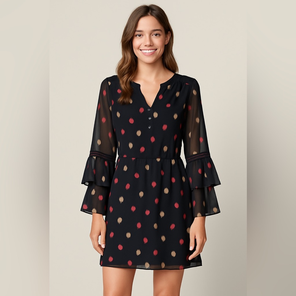 Venus Black Sheer Long Sleeve Mini Dress Size S NWOT Boho Romantic Lined Flowy